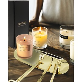 YOUTUOY 4 in1 Candle Accessory Set with Storage Tray Plate, Candle Wick Trimmer, Candle Wick Snuffer, Candle Wick Dipper, Great for Scented Candles Lovers (Gold)