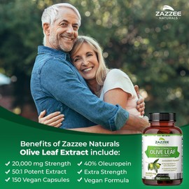 Zazzee Extra Strength Olive Leaf 50:1 Extract, 20,000 mg Strength, 40% Oleuropein, 150 Vegan Capsules, 5 Month Supply, Concentrated and Standardized 50X Extract, 100% Vegetarian, Non-GMO, All-Natural