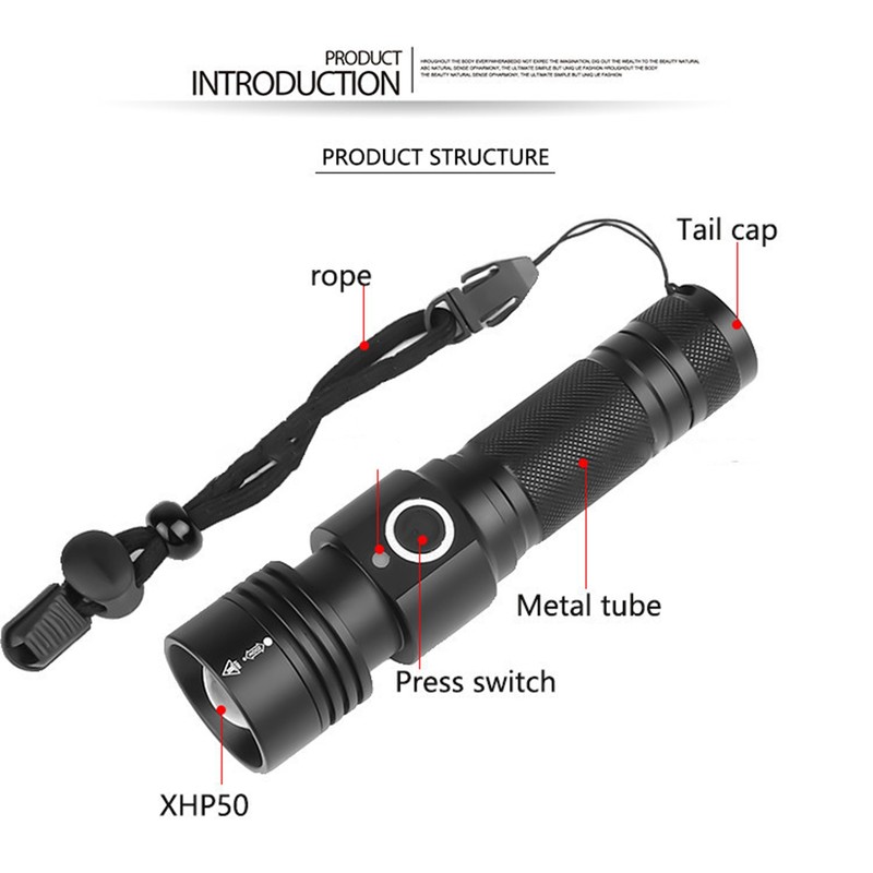 Telescopic Zoom Strong Light Flashlight High Brightness Power Display Portable