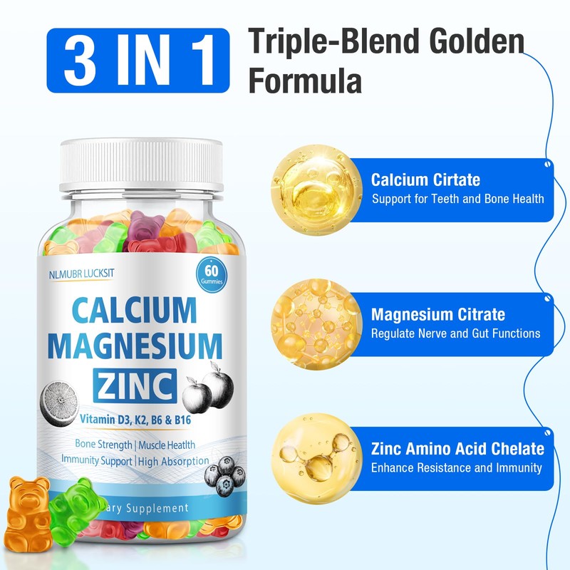 NLMUBR LUCKSIT Calcium Citrate Magnesium Zinc Gummies, Calcium 1200 mg