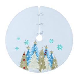 SIRIPHUM White Canvas Christmas Tree Skirt 48 Inch, Gold Glitter Trees and Snowflakes Print, Xmas Rustic Farmhouse Holiday Party Tree Mat Decor