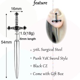 PunkTracker Hypoallergenic Surgical Steel Gothic Sword Earrings for Women Black Cubic Zirconia Punk Dagger Y2K Emo Earrings for Men