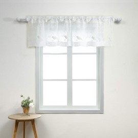 VOGOL Bird Embroidered Kitchen Valances, White Sheer Light Filtering Curtains Valance for Bathroom Windows, Short Soft Touch Window Curtain Panels for Cafe Office Dorm Room, 1 Piece, 60Wx14L