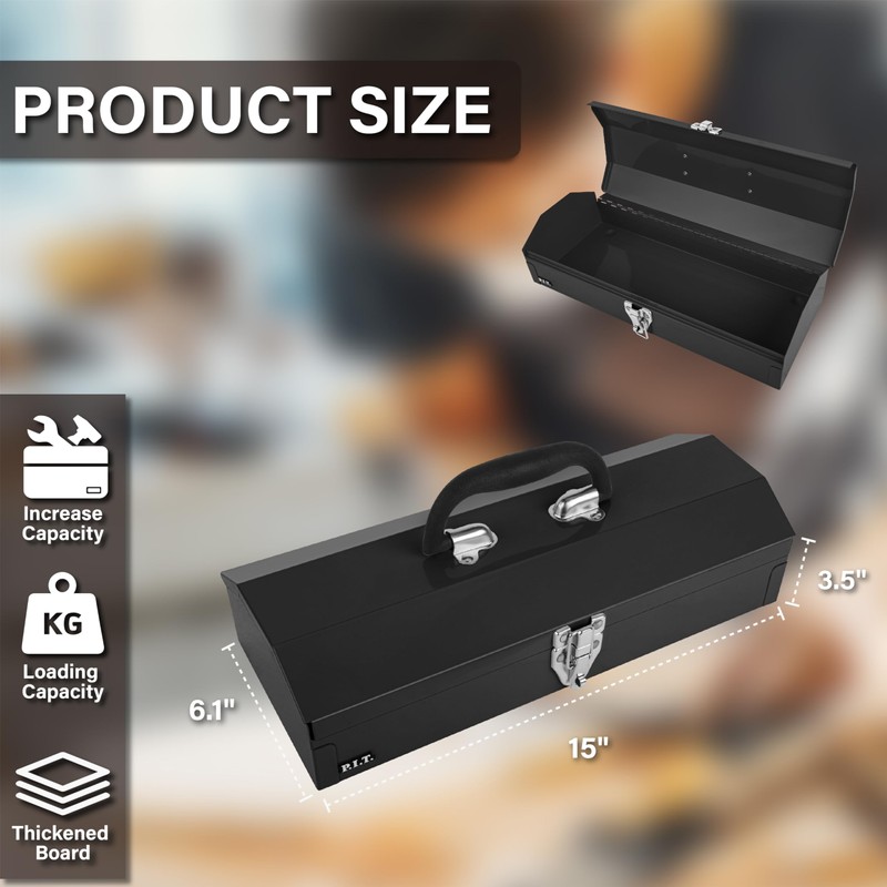 P.I.T. 15'' Small Tool Box, Portable Metal Tool Box, Black