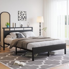 ZGEHCO Queen Bed Frame with Wood Storage Headboard and Footboard, Mattress Foundation with Under Bed Storage, Queen Size Platform Bed with Heavy Duty Slats, No Box Spring Needed, Black Oak