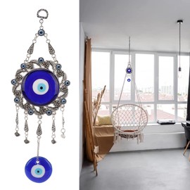 Turkish Glass Blue Evil Eye Wall Hanging Ornament, Hollow Flowers Wall Hanging Amulet, Delicate Blue Glass Metal Home Decor, Evil Eye Decor for Good Luck in The Office, Living Room, Bedroom(1#)