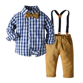 Moyikiss Studio Toddler Dress Suit Baby Boys Gentleman Clothes Sets Bow Ties Shirts + Suspenders Pants Outfits, Navy Blue, 6-12 Months
