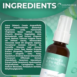 Cosmedica Skincare SUERO DE RETINOL AL 2.5%. Estimula la producción de colágeno y combate las secuelas de acné. Con acido hialuronico y Te verde.