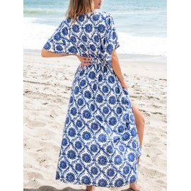 CUPSHE Women's Plunging V Neck Beach Dress Boho Half Dolman Sleeve Empired Waist Side Split Maxi Summer Dresses, Navy Blue S