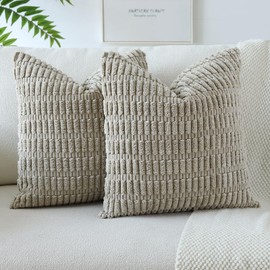 JOTOM Set of 2 Corduroy Soft Striped Cushion Covers 45x45 cm Decorative Throw Pillow Covers Square Cushion Case Home Boho Decor Pillow Cases for Couch Sofa Bedroom 18x18 Inch (Taupe)