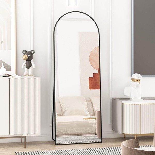 CASSILANDO Arched Full Length Mirror 64" x 21", Floor Standing Mirror, Unique Vertical Mirror, Black Metal Frame Mirror, for Living Room, Bedroom, Entrance, and Bathroom