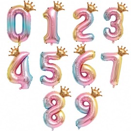 FUKKER Birthday Number Balloons 32 Inch Graduated Color Crown Digital Balloons 0-9 Set Aluminum Foil Lasting Gloss Birthday Decoration Glitter Balloons for Kids Adults Party Celebration Wedding