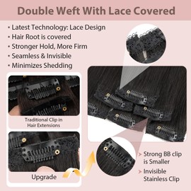 Silk-co Clip in Hair Extensions Real Human Hair Extension Double Weft With Lace Coverd Clip in Silky Straight 100% Natural Very Thin Highlight efffect for Women 6PCS 6Clip 10Inch #1B Natural Black 31g