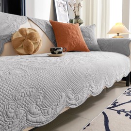 vctops Boho Cotton Quilted Couch Cover Soft Embroidered Sofa Cover Non-Slip Dog Bed Cover Scalloped Sofa Slipcover Washable Furniture Protector Cover (Light Grey,28"x82")