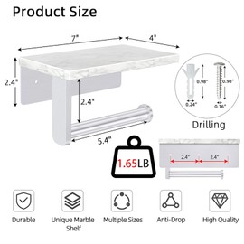 Brushed Nickel Toilet Paper Holder Wall Mounted with Marble Shelf, Tissue Roll Holder 304 Stainless Steel for Bathroom Washroom, Screw-in Modern Toilet Paper Holder