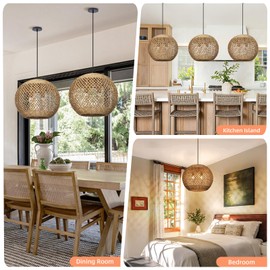 Arturesthome 2-Light Boho Coastal Rattan Pendant Light Fixture Woven Round Pendant Lampshade Rattan Chandelier for Hallway Bedroom Entryway Living Room