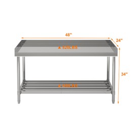 GarveeHome 48 x 24 Inch Stainless Steel Table with Backsplash for Prep & Work, NSF Commercial Stainless Steel Kitchen Island with Adjustable Undershelf for Restaurant, Home and Hotel