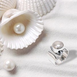 Lavie Jewelz 925 Sterling Silver Baroque Pearl Ring Full Finger Ring Trendy Personality Statement Pearl Ring for Women Girls Gift Sing Size UK P, Metal stone, Pearl