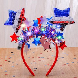 Coridy light up Independence Day Headband Sparkling Stars Head Boppers Blue White Red Sequin Hair Band for Women