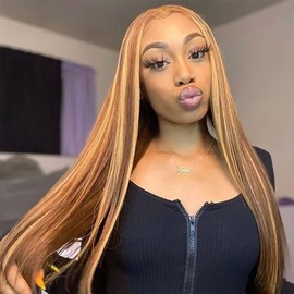 ISEE Wear & Go Glueless Wig Highlight Brown Wigs Silky Straight Pre-plucked 4x6 HD Transparent 4/27 Honey Blonde Lace Frontal Wigs 180% Density Colored Straight Human Hair Wigs for Women 24 Inch