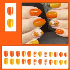 24 Pcs Orange Press on Nails Short Almond - MINGCHUN Autumn Winter Glossy Fake Nails Press ons Nail Tips Glue on Nails with Maple Leaf Design Glitter Full Cover Oval False Nails Stick on Nails Acrylic