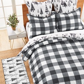Levtex Home Merry & Bright Collection - Northern Star Duvet Cover Set - Full/Queen Duvet Cover (90 x 94in.) + Two Standard Pillow Cases (26 x 20in.) - Holiday Pine Trees - Black and White - Microfiber