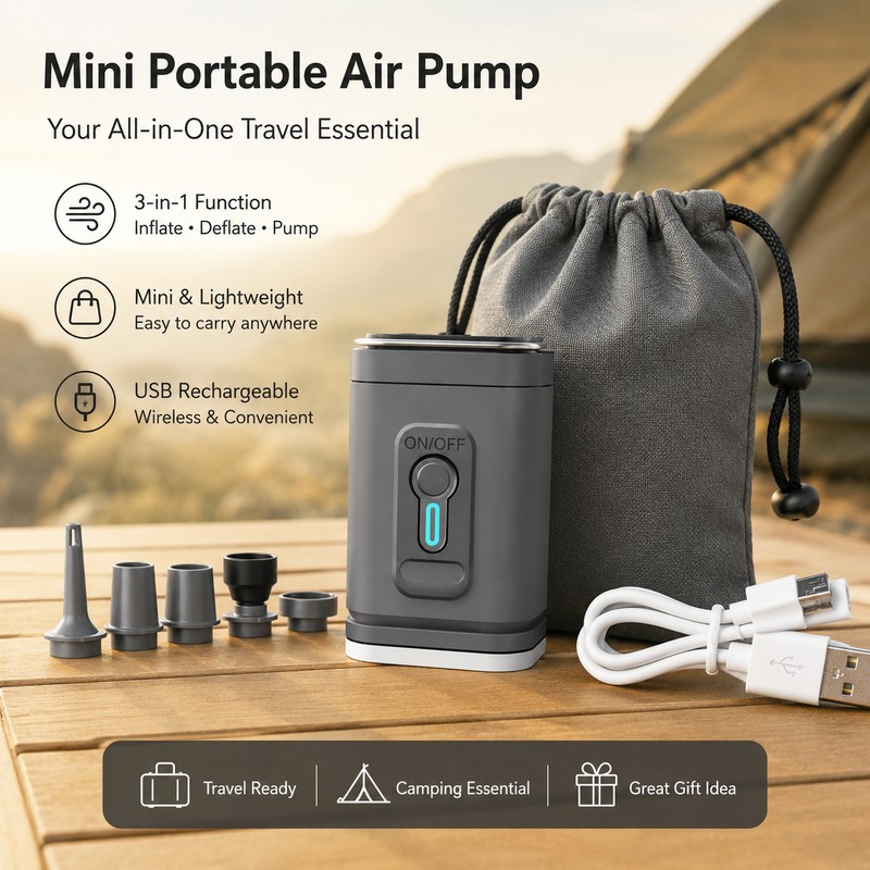 Mini Rechargeable Air Pump for Inflatables – 3-in-1 Inflator, Deflator