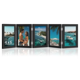 DUENPY 5 Folding 4x6 Picture Frame Horizontal Engineered Wood Accordion Photo Frame with Plexiglass Tabletop Bookshelf Display Black