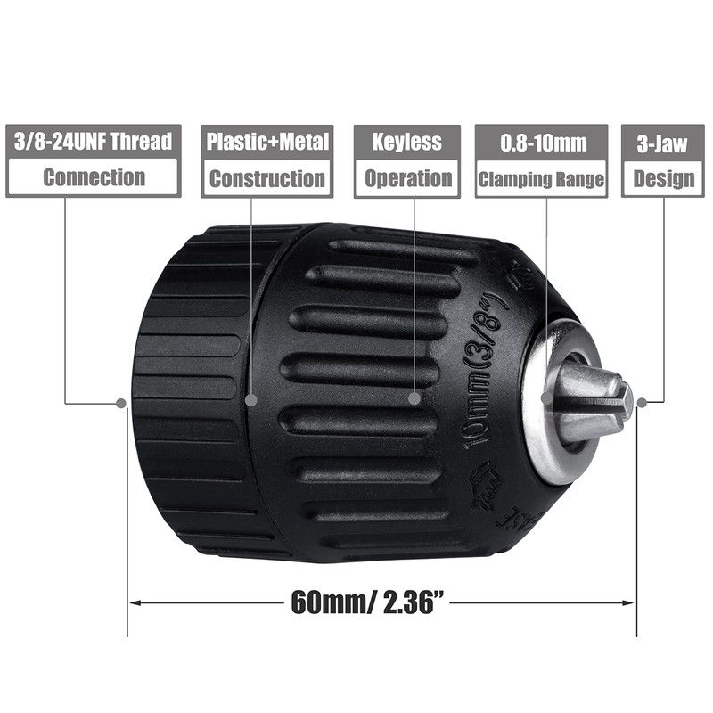 Yakamoz 1/32-3/8" Keyless Drill Chuck Replacement 3/8-24UNF Mount Thread 0.8-10mm