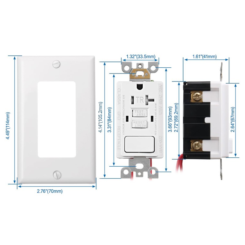 Baomain 2PCS GFCI Outlet with Switch, 20A 125VAC 60Hz, Tamper