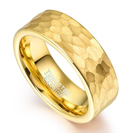 VAKKI 8mm Gold Brushed Hammered Tungsten Carbide Rings for Men Women Engagement Wedding Bands Flat Style Comfort Fit Size V 1/2