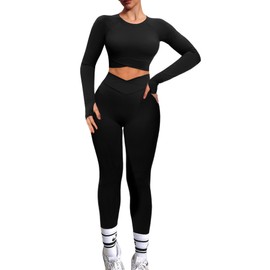 Navneet Women Gym Set 2 Piece Outfits Workout Set Crossover Long Sleeve Gym Tops Ruched Leggings Yoga Tracksuit Set Black L