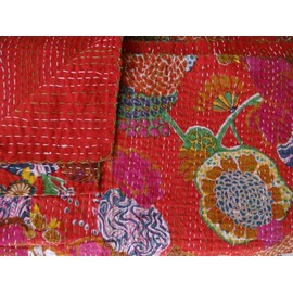 Bhagyashri Fashions Indian Handmade Cotton Red Fruits Print Kantha Quilt Queen Tribal Bed Cover Reversible Bedspread Blanket Picnic Throw Floral Coverlet 108x90 Inches