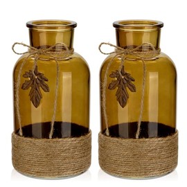 8 inch Amber Glass Vases Large Flower Vase for Centerpieces Table Decorations Living Room Office Dining Room Kitchen Home Decor, Tall Amber Vases Modern Glass Vase Set of 2