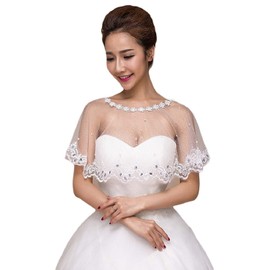 SlenyuBridal Women's 2024 New Wedding Jackets Cape Lace Bridal Bolero Shawl with Beads White 1 One Size