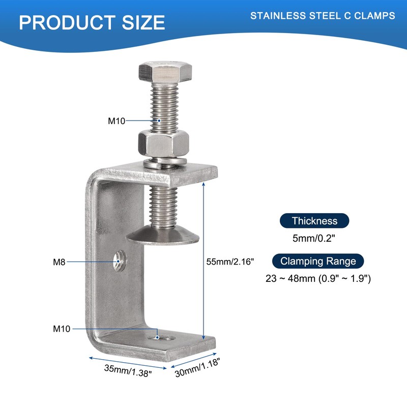 4 Pack 304 Stainless Steel C Clamps with 55mm/2.17" Stable
