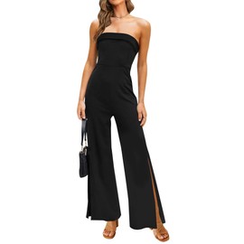 ZESICA Women's 2024 Strapless Jumpsuit Casual Off Shoulder High Waist Wide Leg Side Slit Long Romper Playsuits with Pockets,Black,Medium