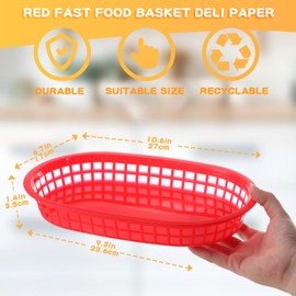 Rtteri 100 Pcs Plastic Fast Food Baskets for Serving Bulk 10.6 x 6.7 Inch, Oval Restaurant Basket, Red Reusable Bread Fry Basket for Hot Dog, Burger, Sandwiches and Christmas Tray Party Deli Supplies