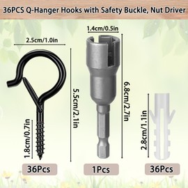 Feluxor 36 Stück Schraubhaken Q-Hanger Haken für Deckenhaken mit Sicherheitsschnalle Schraubhaken Edelstahl Schwarz mit Flügelmutter für Pflanzenkörben Vogelhäuschen Windglocke Lichterketten