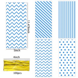 100Pcs Blue Cellophane Bags Baby Shower Candy Bags Gift Bags Treat Bags, Buffalo Polka Dot Stripes Goodie Bags with 100 Gold Twist Ties for Birthday, Baby Showers, Weddings Party Supplies(Blue)