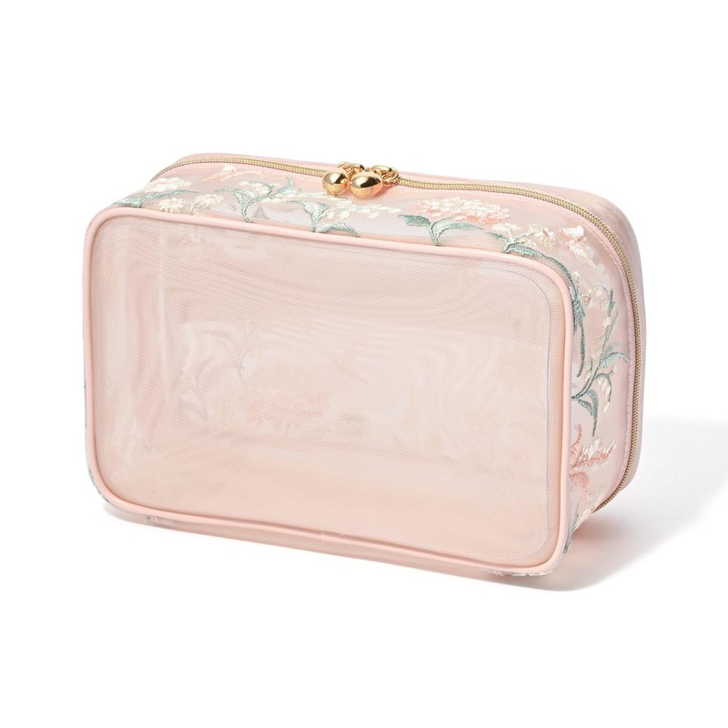 Francfranc Mesh Embroidery Vanity Pouch, Small, Pink