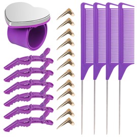 23 Pieces Hair Parting Tools Set, Magnetic Wrist Pin Holder for Braiding, Sectioning Clips, Rat Tail Combs, Hair Parting Rings, Purple