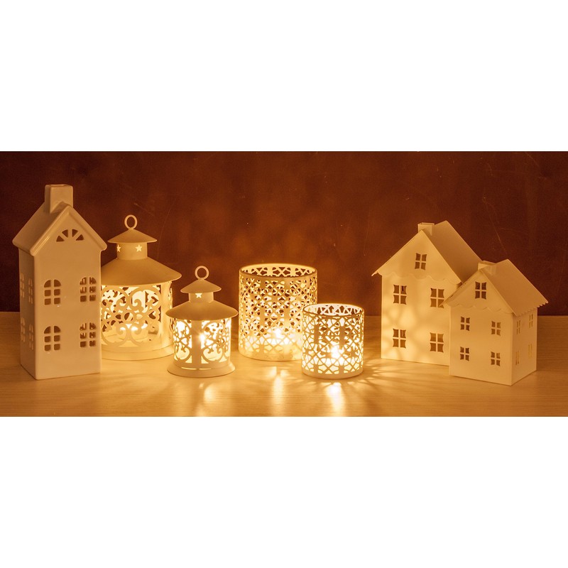 Excelsa House Lantern, Ceramic, White, 8 X 8 X 23