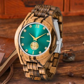 Tiong Men's Wooden Watch Inverted Geometric Green Dial Quartz Watch for Men Handmade Wooden Watches, Wq1242-brown, Retro
