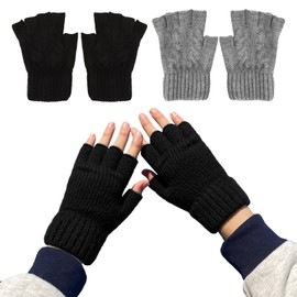 2 Pairs of Half Finger Gloves, Winter Fingerless Gloves, Knitted Thick Thermal Fingerless Gloves for Women Men, Can Typing Cycling Driving Fingerless Gloves (Black, Light Gray)