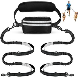 Vsgaalge Hands Free Dog Leash with Pouch, Retractable Bungee Waist Leash with Dual Padded Handles for Medium & Large Dog Training Walking Running Hiking Jogging (Double Leash)