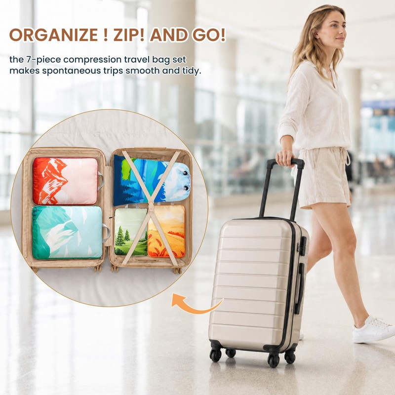 7-Piece Compression Packing Cubes for Travel, Patterned Expandable Luggage Organizer