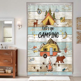 RV Shower Curtain for Camper, Retro Rustic Wood Happy Camper Shower Curtain, Travel Trailer Camping Stall Shower Curtains, Waterproof Fabric Small Size Narrow Shower Curtain with Hooks, 47X64IN
