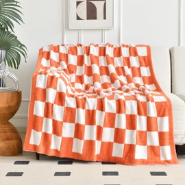 Manta a cuadros para sofá, mantas de tablero de ajedrez naranja con microfibra suave y esponjosa para sofá de cama, manta de cama decorativa ligera de punto acogedor para camping, picnic, 60 x 80