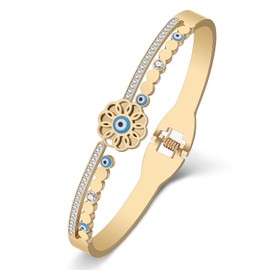 RAIDIN Stainless Steel 18K Gold Silver Plated Cute Evil Eye Bangle Bracelet for Women Lucky Evil Eyes Bracelets Protection Crystal Jewelry for Birthday Party Gift Charms (Gold-062)